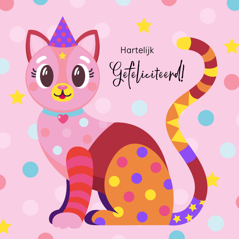 Verjaardagskaarten - Kleurrijke kat verjaardagskaart met confetti