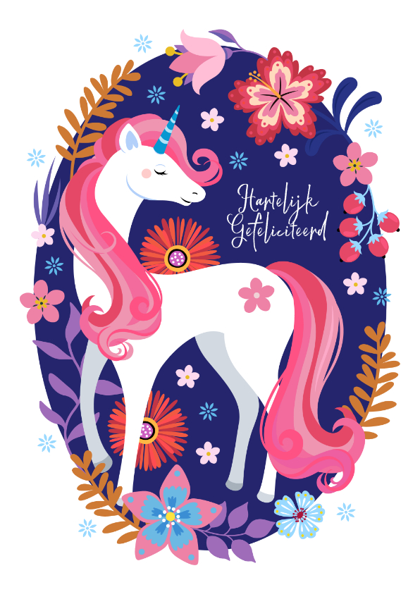 Verjaardagskaarten - Kleurrijke unicorn verjaardagskaart met bloemen