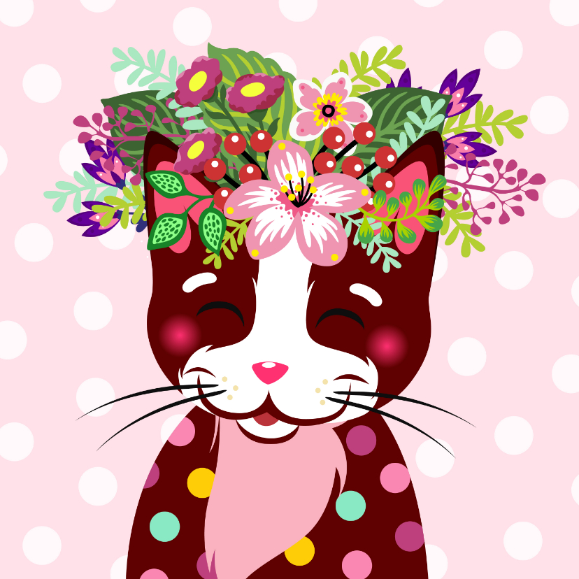Verjaardagskaarten - Kleurrijke verjaardagskaart kat bloemenkroon