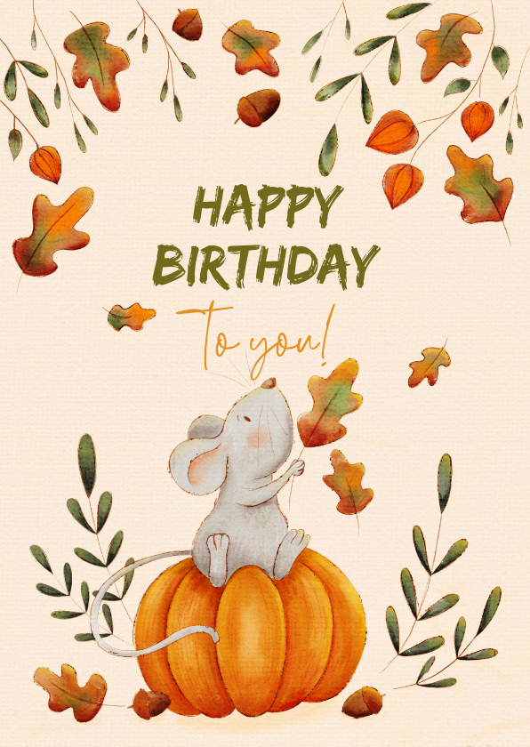 Verjaardagskaarten - Kleurrijke verjaardagskaart met muis en pompoen