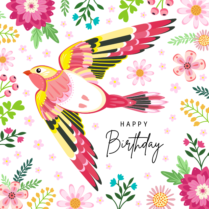 Verjaardagskaarten - Kleurrijke verjaardagskaart met vogel en bloemen