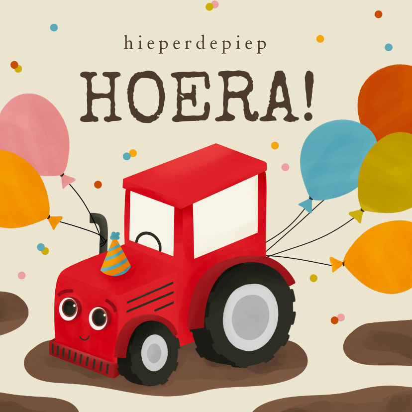 Verjaardagskaarten - Kleurrijke verjaardagskaart rode tractor ballonnen