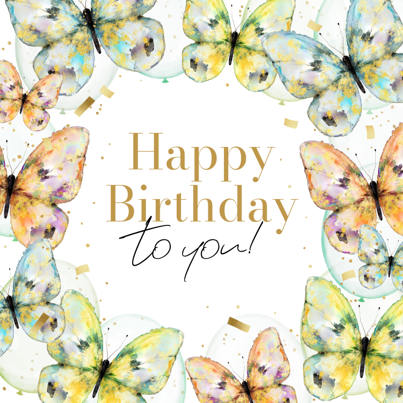 Verjaardagskaarten - Kleurrijke verjaardagskaart vlinders watercolor confetti