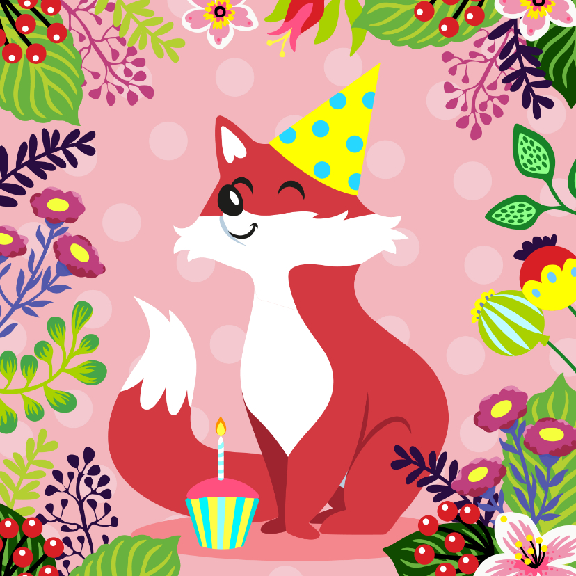Verjaardagskaarten - Kleurrijke verjaardagskaart vosje en bloemen