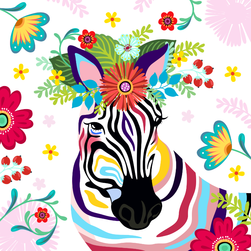 Verjaardagskaarten - Kleurrijke zebra met bloementooi verjaardagskaart