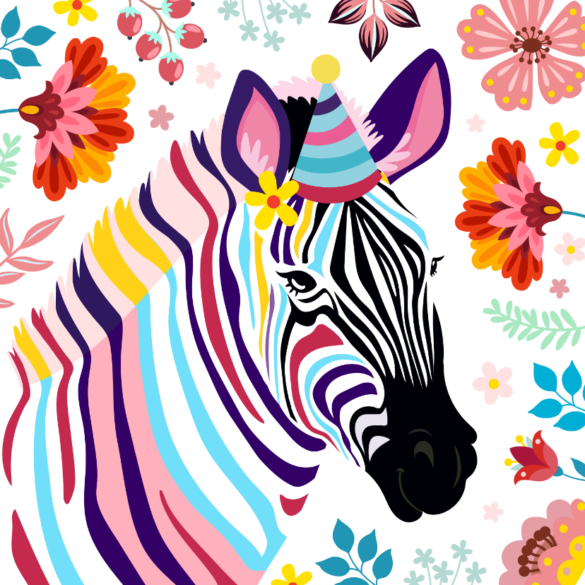 Verjaardagskaarten - Kleurrijke zebra verjaardagskaart met bloemen