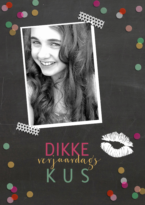 Krijtbord look met fotoselfie en confetti - Verjaardagskaarten Verjaardagskaarten - Krijtbord look met fotoselfie en confetti