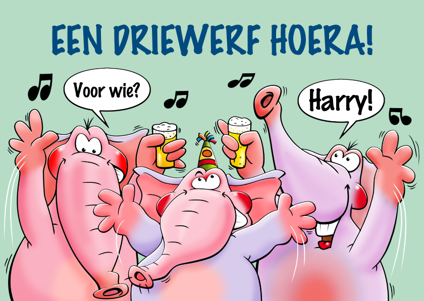 Leuke verjaardagskaart een driewerf hoera met 3 olifanten - Verjaardagskaarten Verjaardagskaarten - Leuke verjaardagskaart een driewerf hoera met 3 olifanten