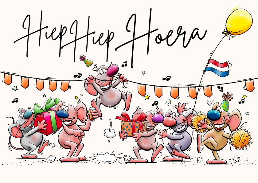 Verjaardagskaarten - Leuke verjaardagskaart met 6 juichende muizen en vlaggen