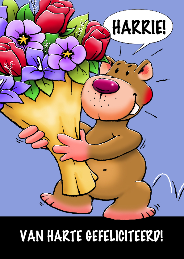 Leuke verjaardagskaart met beer en grote bos bloemen - Verjaardagskaarten Verjaardagskaarten - Leuke verjaardagskaart met beer en grote bos bloemen