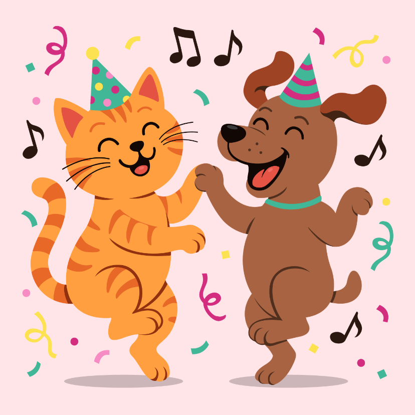 Leuke verjaardagskaart met dansende poes en hond - Verjaardagskaarten Verjaardagskaarten - Leuke verjaardagskaart met dansende poes en hond