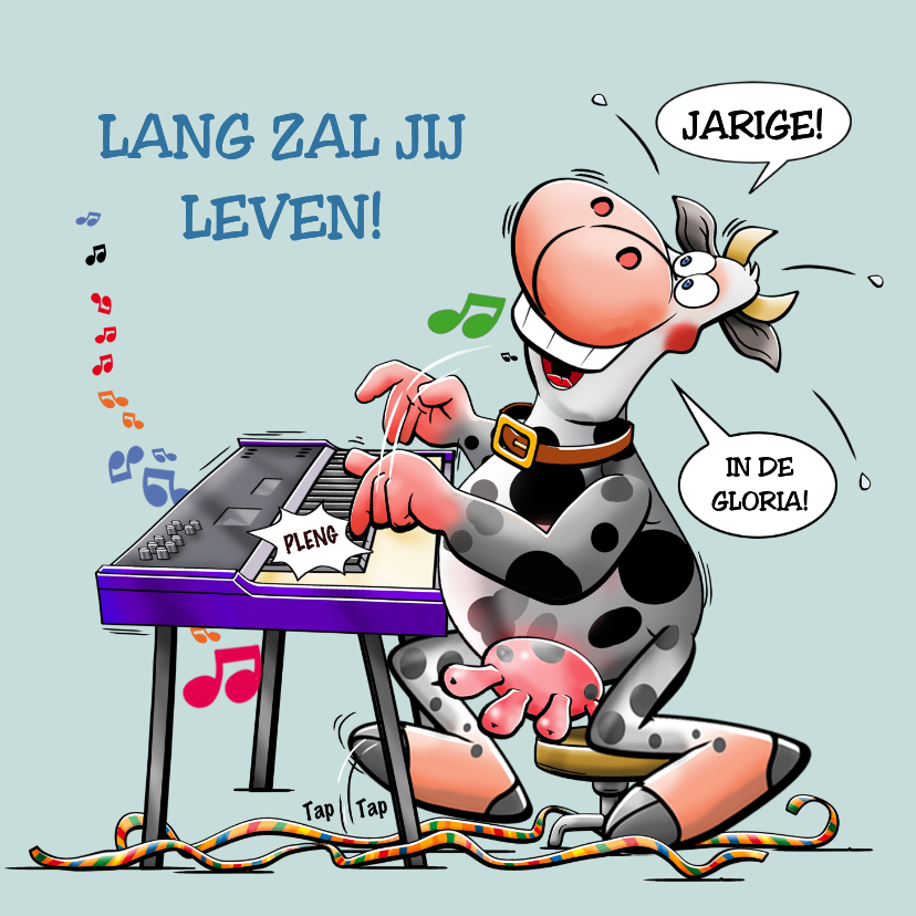 Verjaardagskaarten - Leuke verjaardagskaart met een koe die orgel speelt