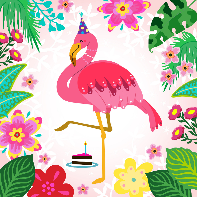 Verjaardagskaarten - Leuke verjaardagskaart met flamingo, bloemen en planten