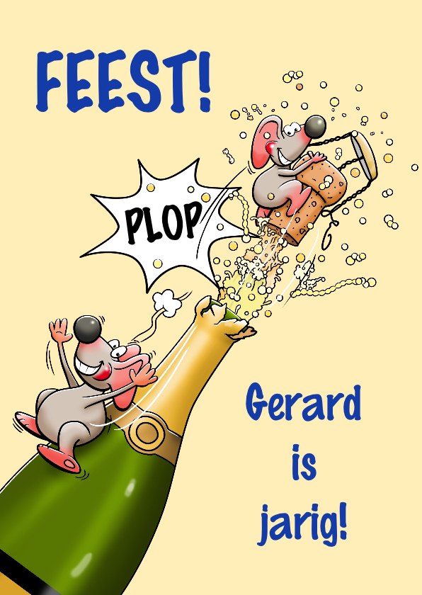 Verjaardagskaarten - Leuke verjaardagskaart met muizen en fles champagne