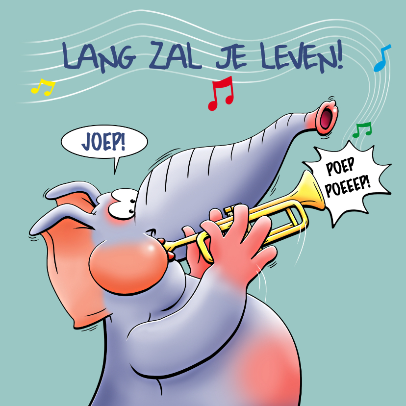 Verjaardagskaarten - Leuke verjaardagskaart met olifanten en trompet