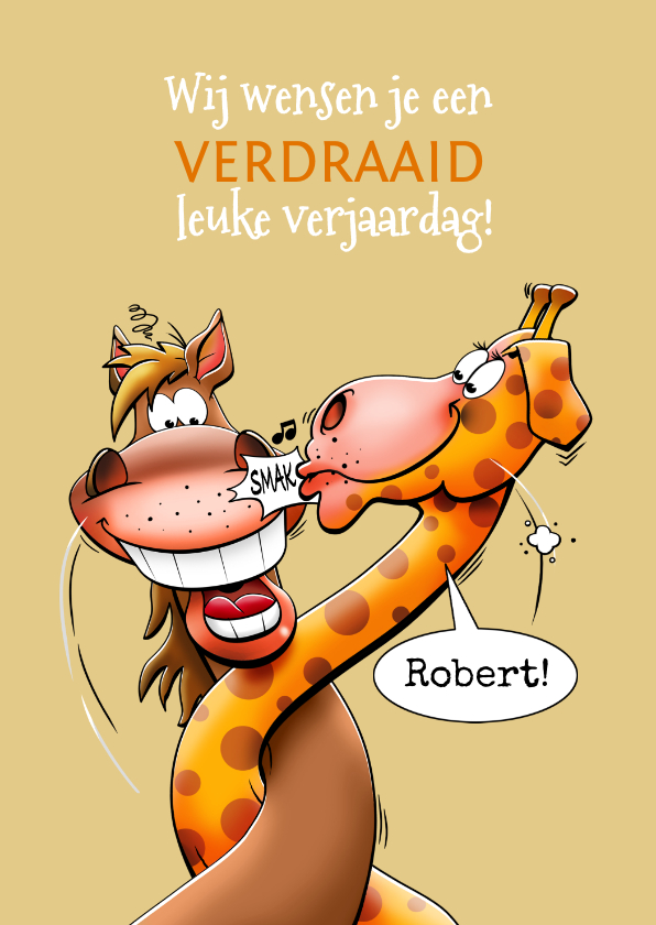 Verjaardagskaarten - Leuke verjaardagskaart met paard en giraf zoenend