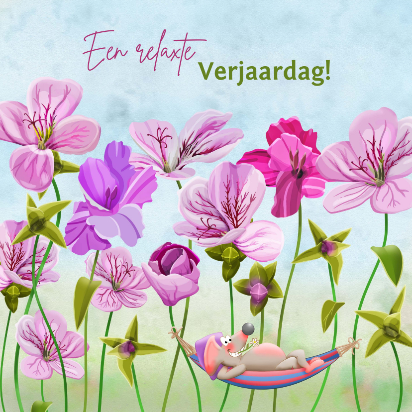 Verjaardagskaarten - Leuke verjaardagskaart met roze bloemen en muisje