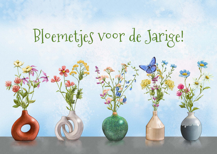 Verjaardagskaarten - Leuke verjaardagskaart met vaasjes en geschilderde bloemen