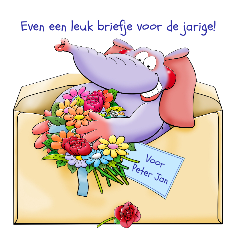 Verjaardagskaarten - Leuke verjaardagskaart olifant in brief met bloemen