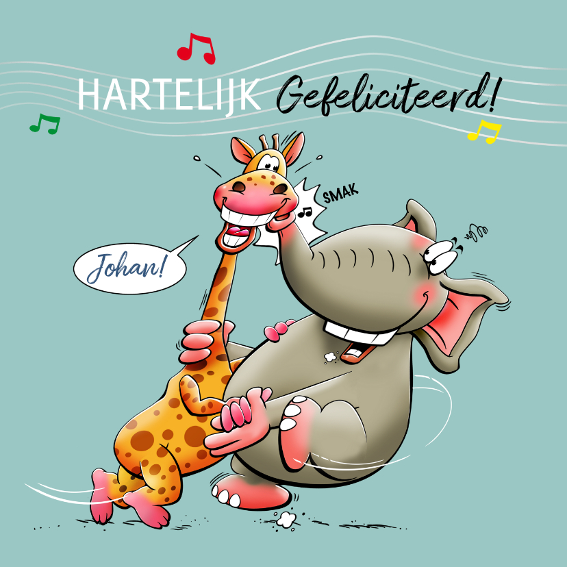 Verjaardagskaarten - Leuke verjaardagskaart Party Time met giraf en olifant