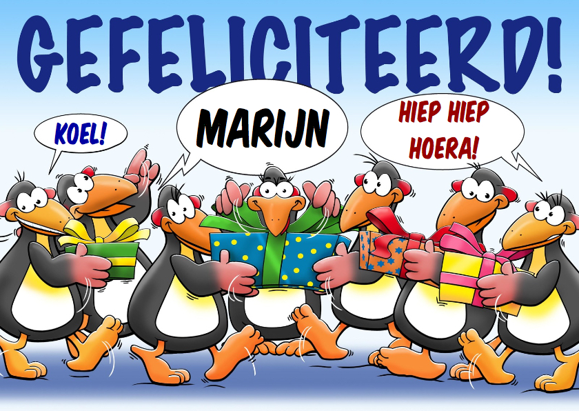 Verjaardagskaarten - Leuke verjaardagskaart pinguïns die kadootjes meenemen