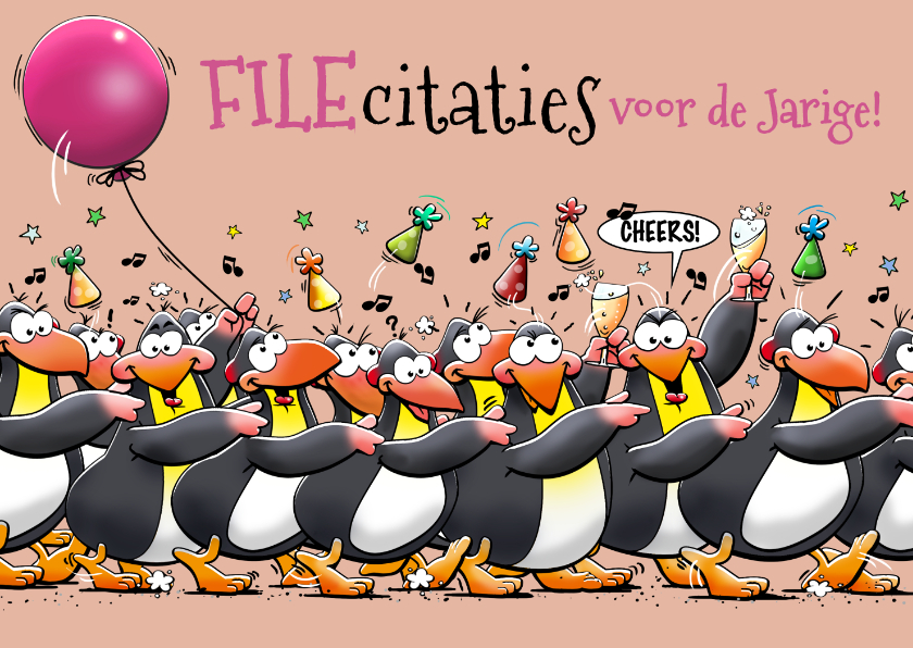 Verjaardagskaarten - Leuke verjaardagskaart pinguïns met ballon en feesthoedjes