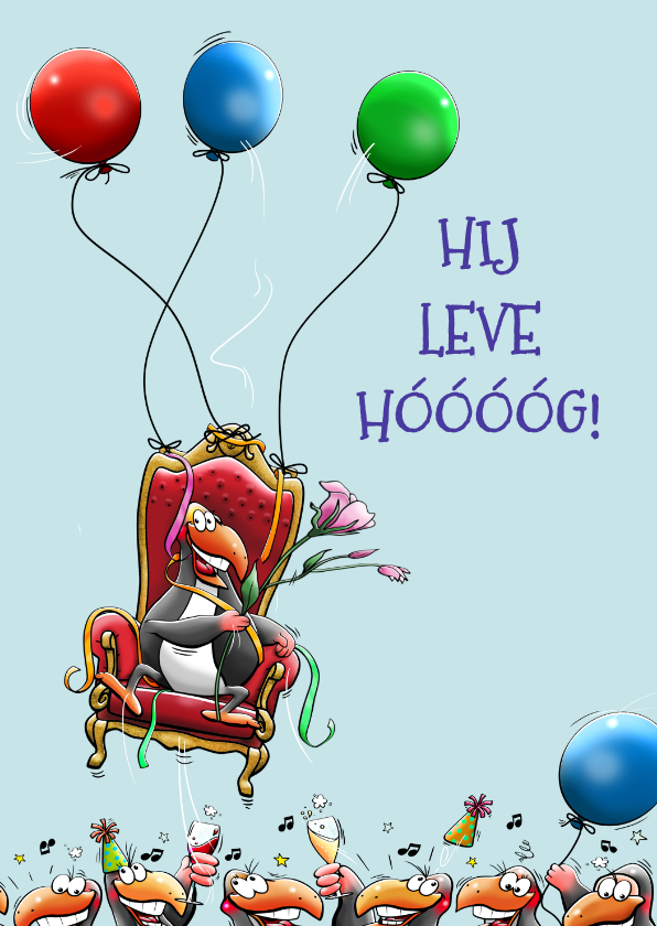 Verjaardagskaarten - Leuke verjaardagskaart pinguïns met ballonnen en zetel