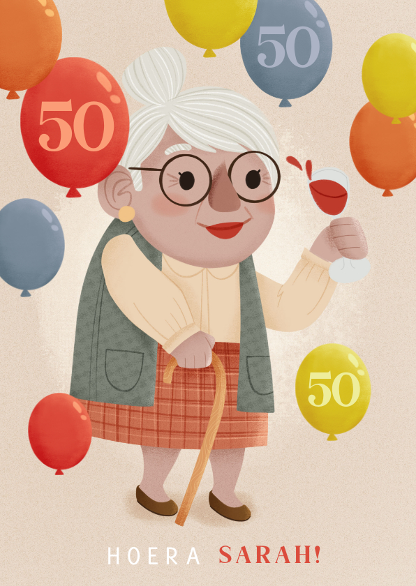 Verjaardagskaarten - Leuke verjaardagskaart Sarah humor ballonnen 50 jaar