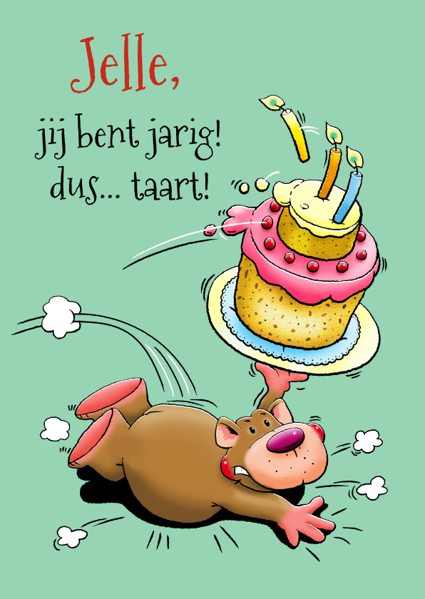 Verjaardagskaarten - Leuke verjaardagskaart vallende beer met grote taart