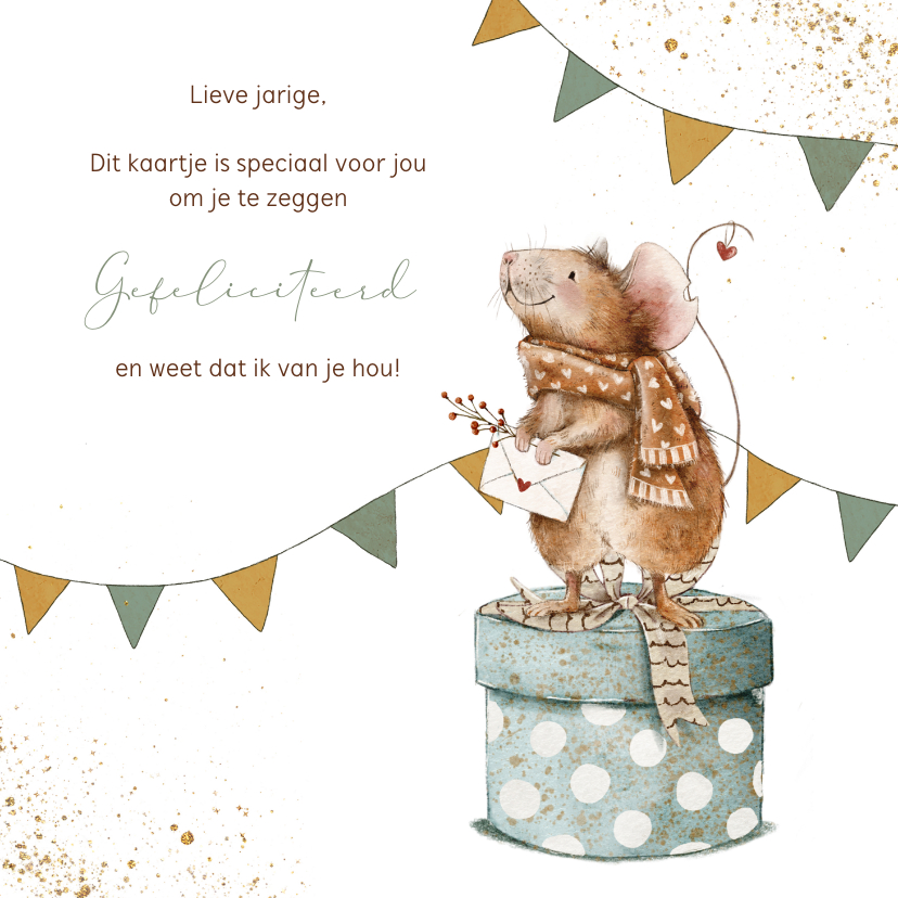 Verjaardagskaarten - Lief verjaardagkaartje met muisje op cadeau