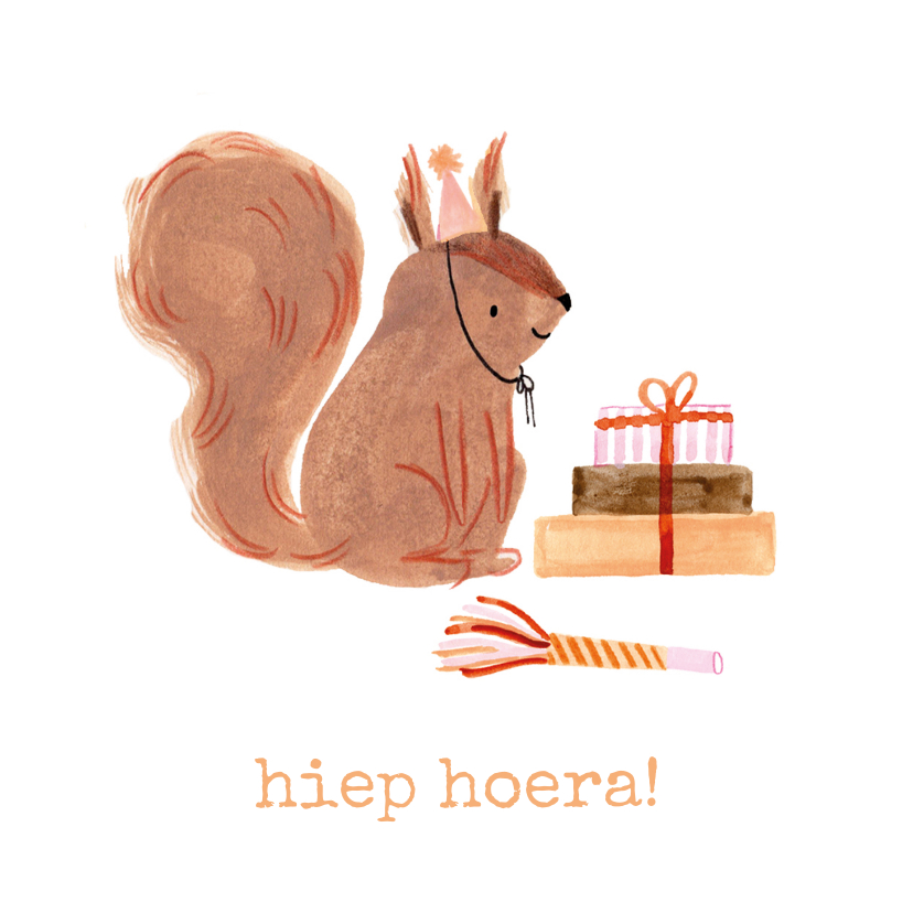 Verjaardagskaarten - Lief verjaardagskaartje eekhoorn met cadeautjes illustratie