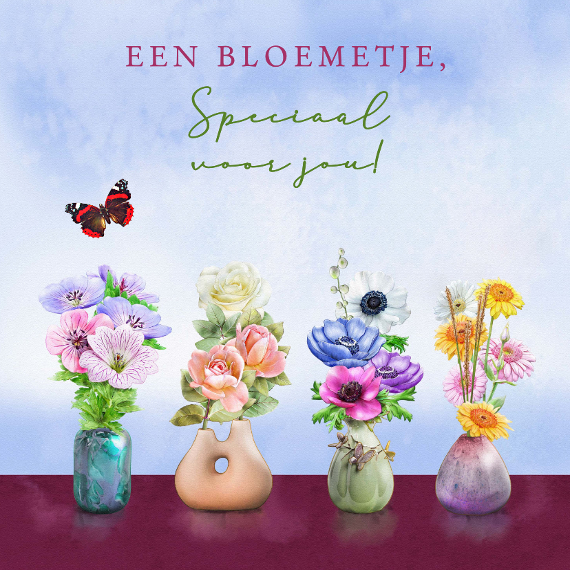 Verjaardagskaarten - Liefdevolle verjaardagskaart vier vaasjes met bloemen