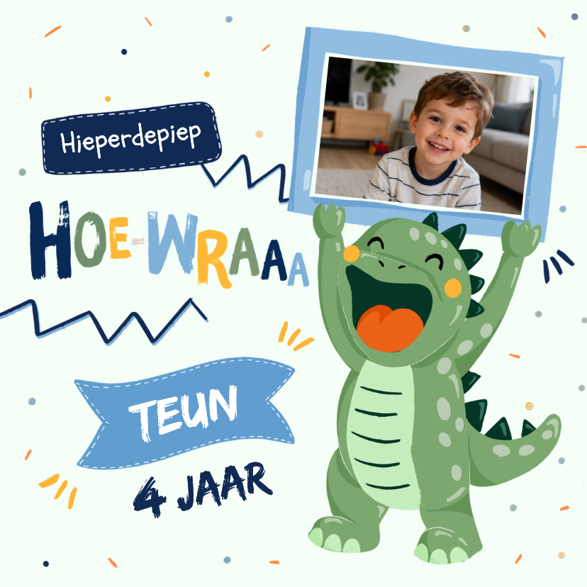 Verjaardagskaarten - Lieve en stoere verjaardagskaart met dino en foto