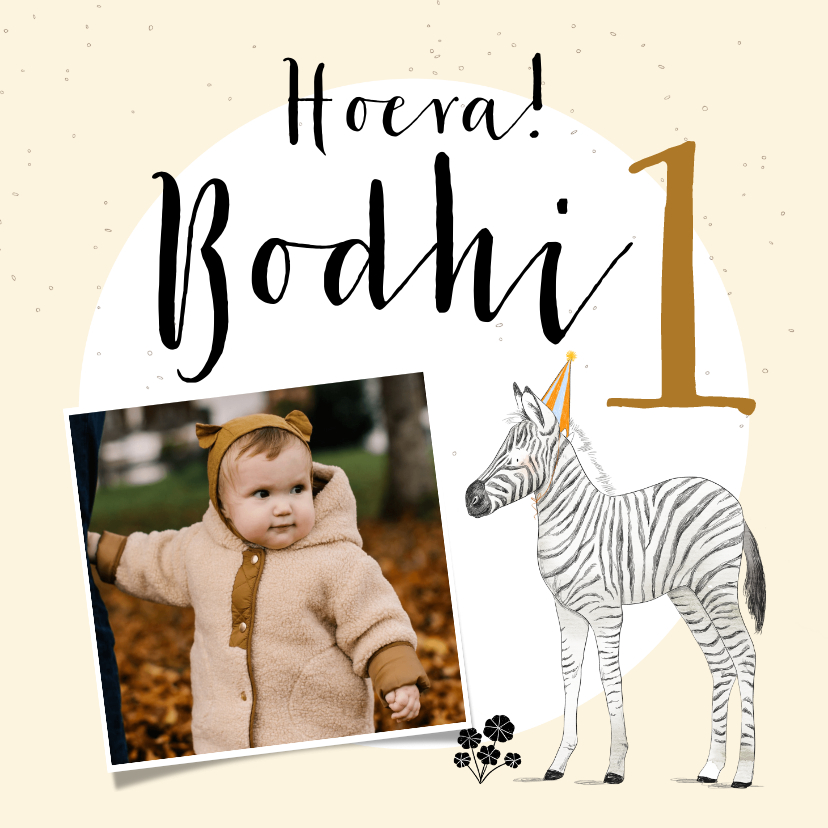 Verjaardagskaarten - Lieve kaart voor eerste verjaardag met zebra en foto