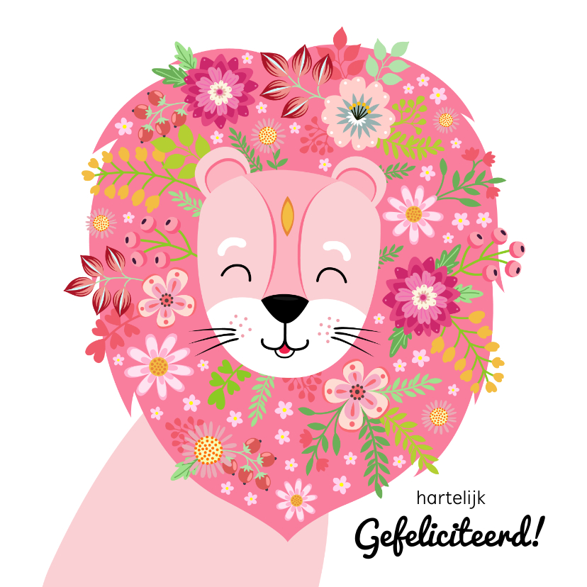 Verjaardagskaarten - Lieve leeuw verjaardagskaart met bloemen