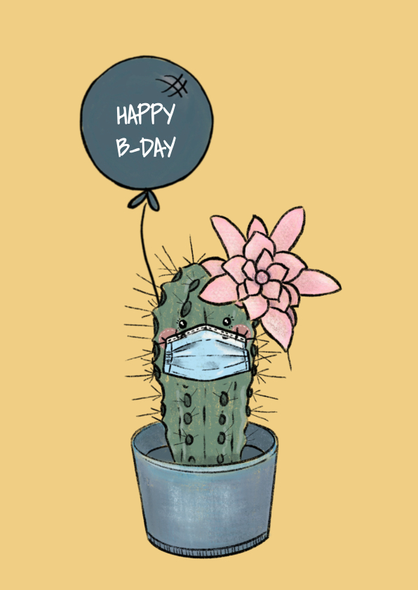 Lieve verjaardagskaart cactus met mondkapje en ballon - Verjaardagskaarten Verjaardagskaarten - Lieve verjaardagskaart cactus met mondkapje en ballon