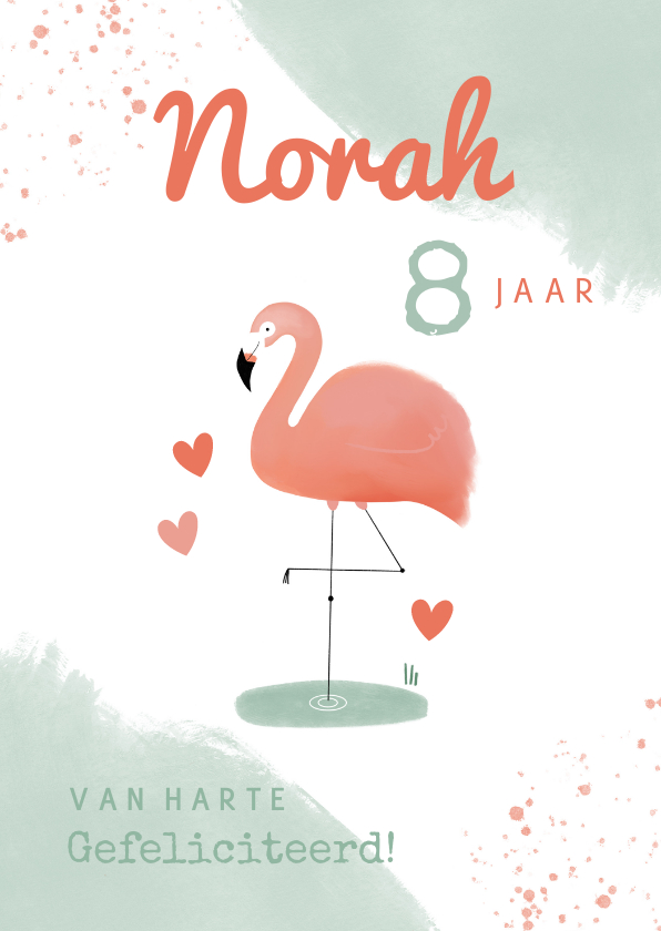 Verjaardagskaarten - Lieve verjaardagskaart meisje roze flamingo en spetters mint