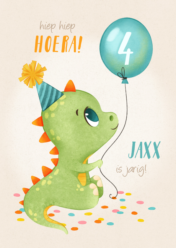 Verjaardagskaarten - Lieve verjaardagskaart met dino ballon en confetti