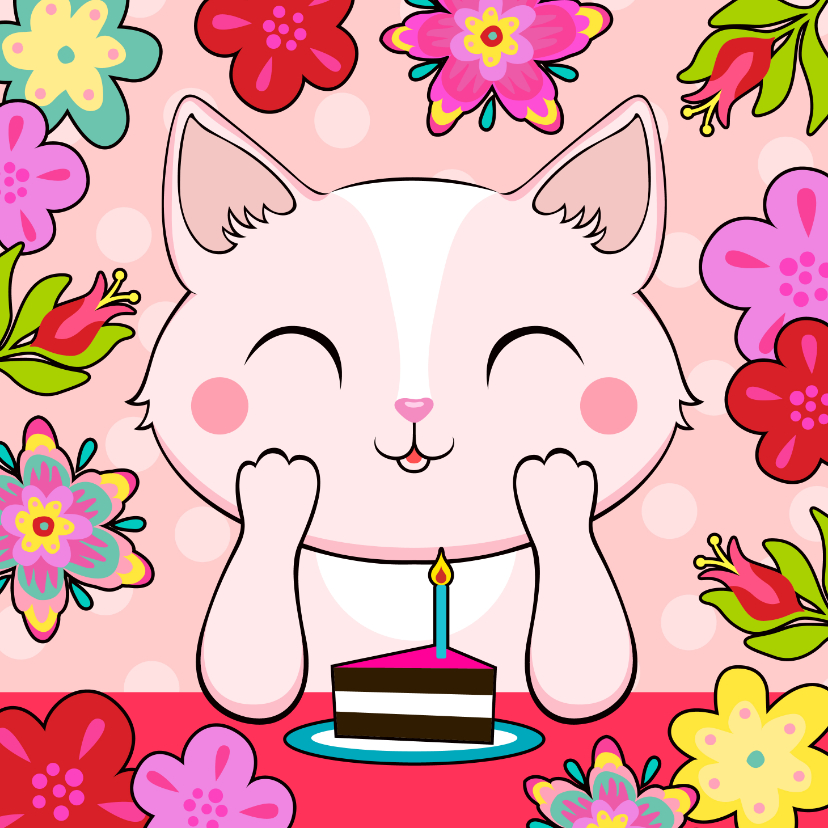 Verjaardagskaarten - Lieve verjaardagskaart met kat, bloemen en taart