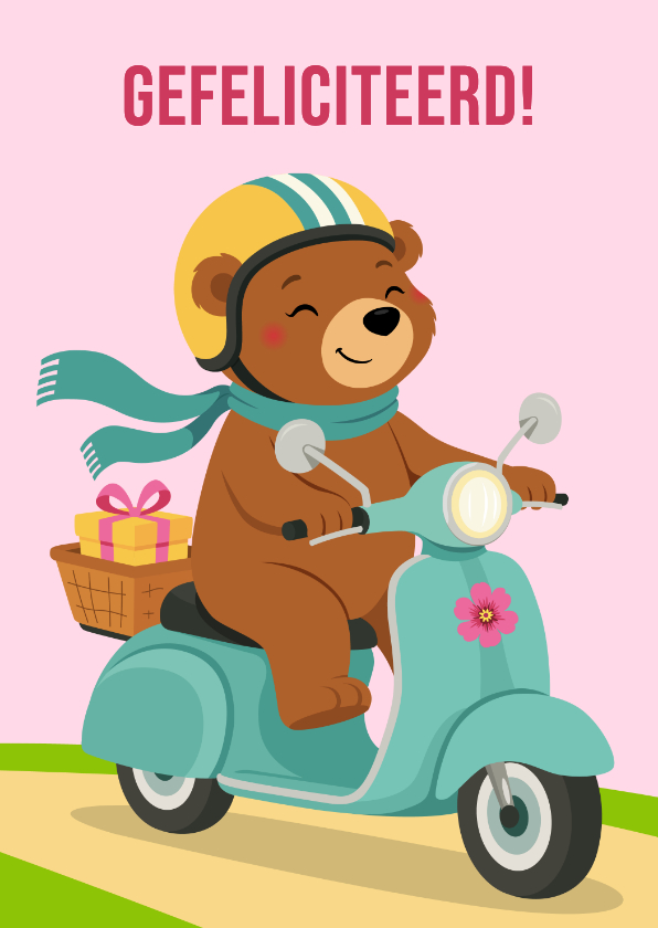 Lieve verjaardagskaart met vrolijke beer op scooter - Verjaardagskaarten Verjaardagskaarten - Lieve verjaardagskaart met vrolijke beer op scooter