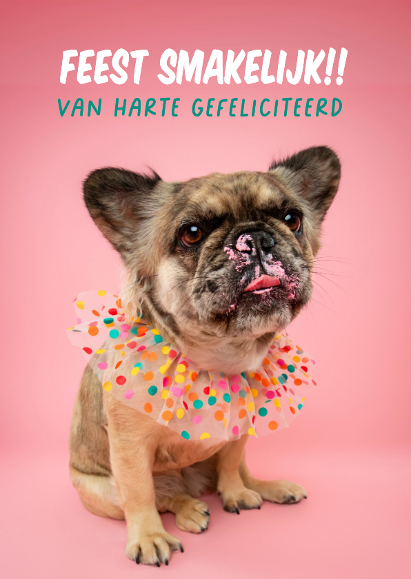 Verjaardagskaarten - Lieve verjaardagskaart van Franse bulldog met taart