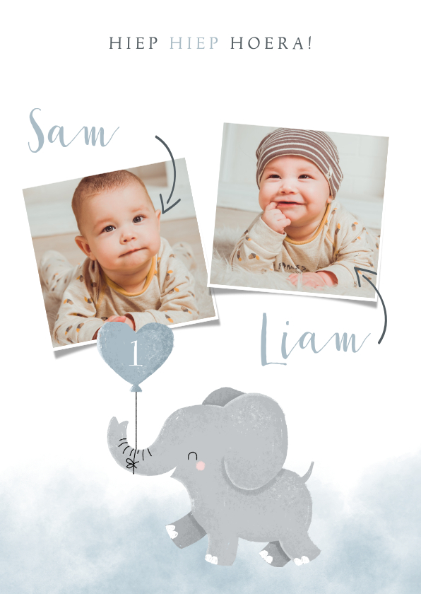Verjaardagskaarten - Lieve verjaardagskaart voor tweeling met olifantje en foto's