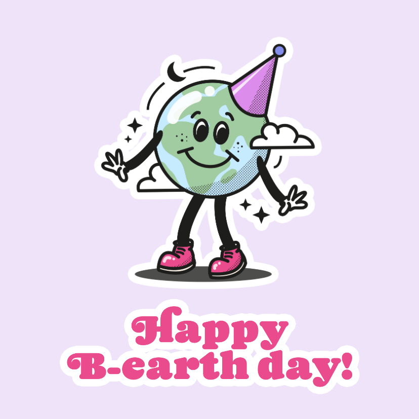Verjaardagskaarten - Lila en roze verjaardagskaart met wereldbol happy b-earthday