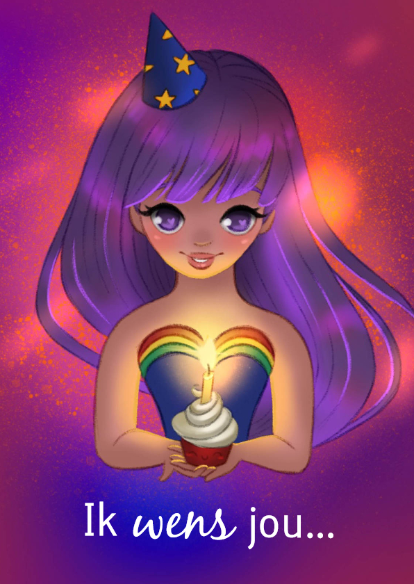 Magische felicitatiekaart van een meisje met een cupcake - Verjaardagskaarten Verjaardagskaarten - Magische felicitatiekaart van een meisje met een cupcake