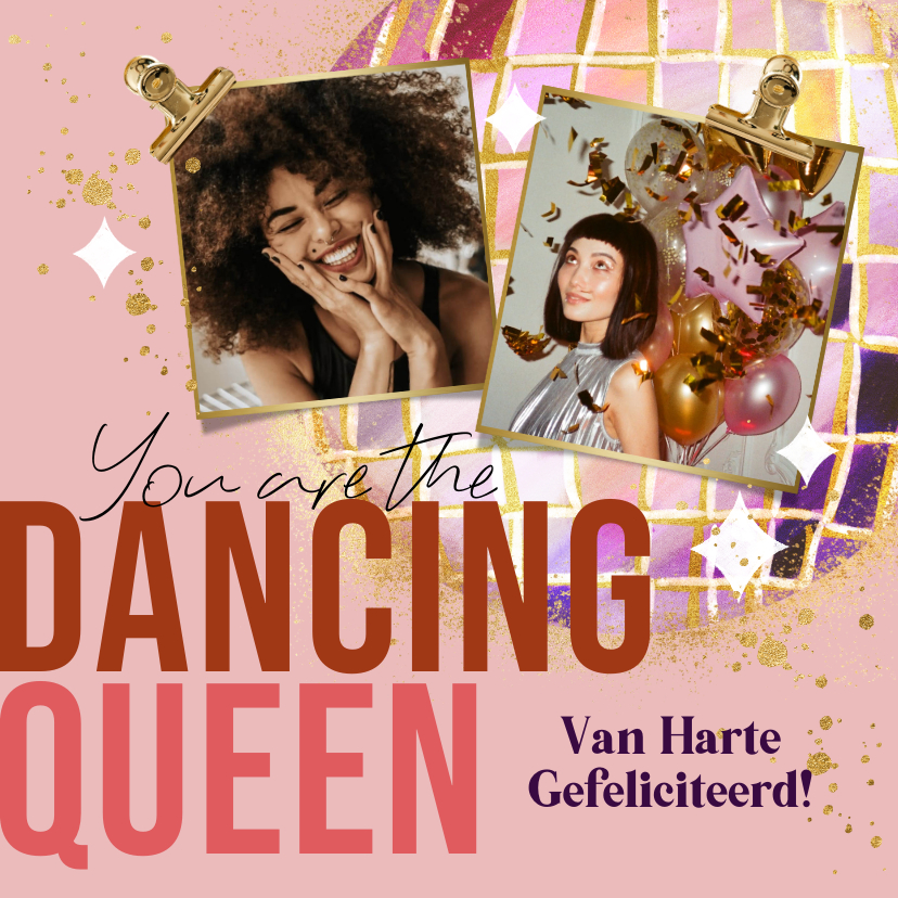Verjaardagskaarten - Moderne verjaardagskaart 'Dancing Queen' discobal foto goud