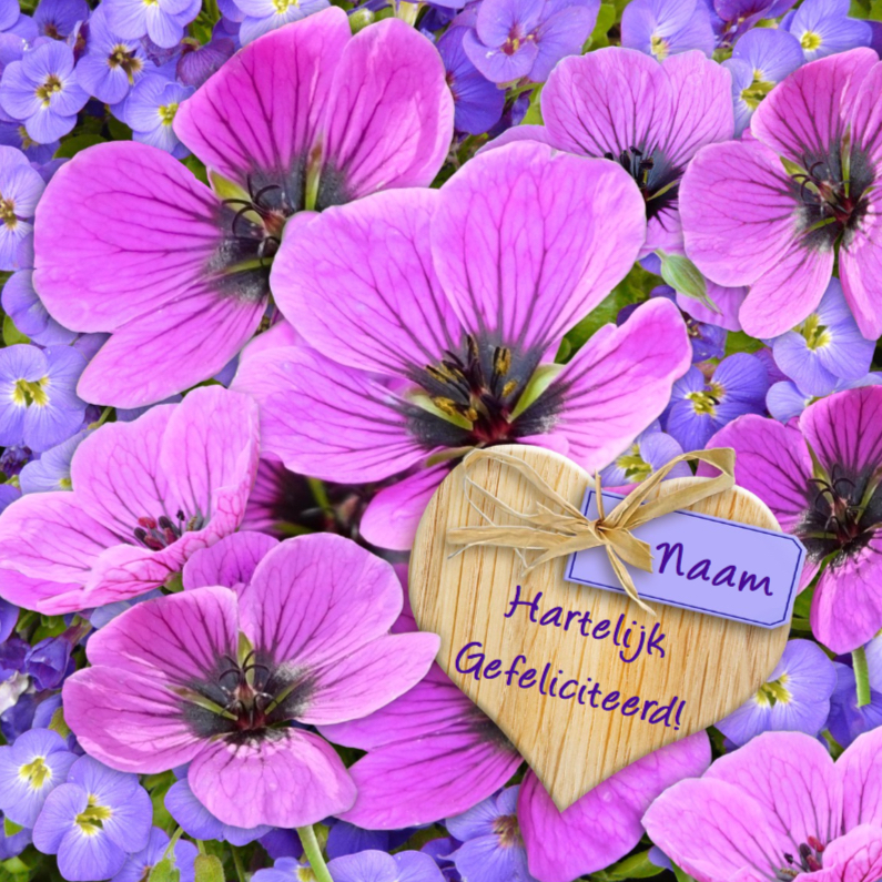 Mooie verjaardagskaart met lila bloemen en hartje met wens - Verjaardagskaarten Verjaardagskaarten - Mooie verjaardagskaart met lila bloemen en hartje met wens