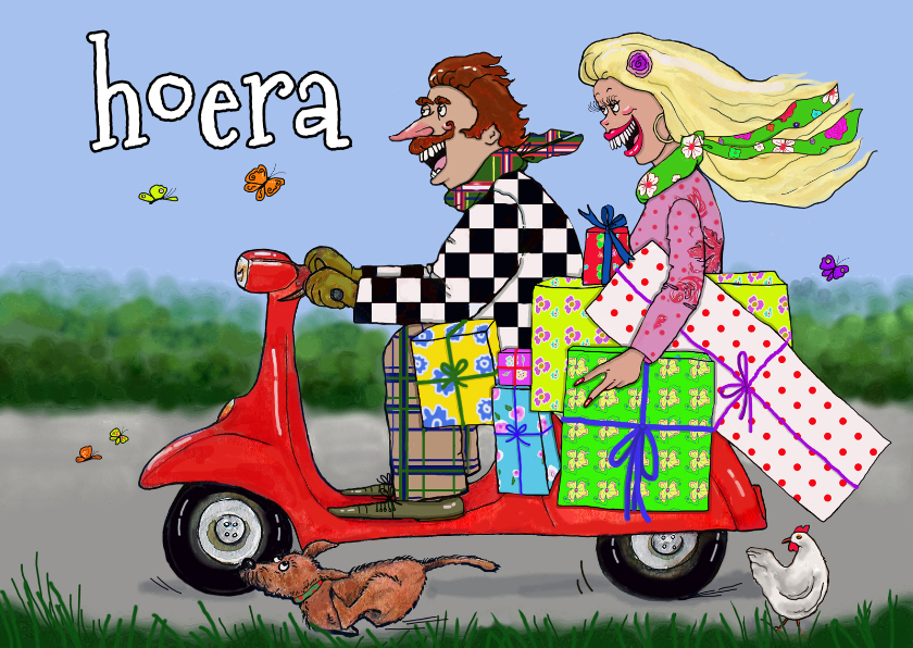 op de scooter naar het feest! - Verjaardagskaarten Verjaardagskaarten - op de scooter naar het feest!