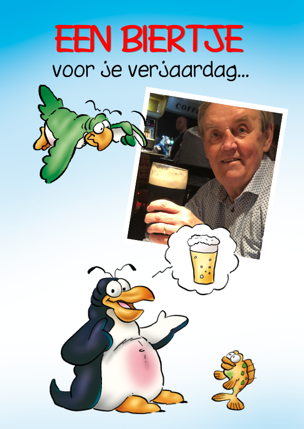 Penguins foto verjaardag 5 Pinguïn denkt aan bier - Verjaardagskaarten Verjaardagskaarten - Penguins foto verjaardag 5 Pinguïn denkt aan bier