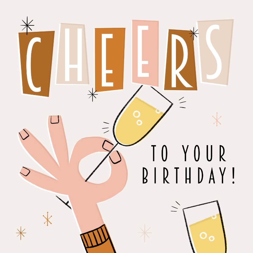 Verjaardagskaarten - Retro verjaardagskaartje cheers met hand en champagne
