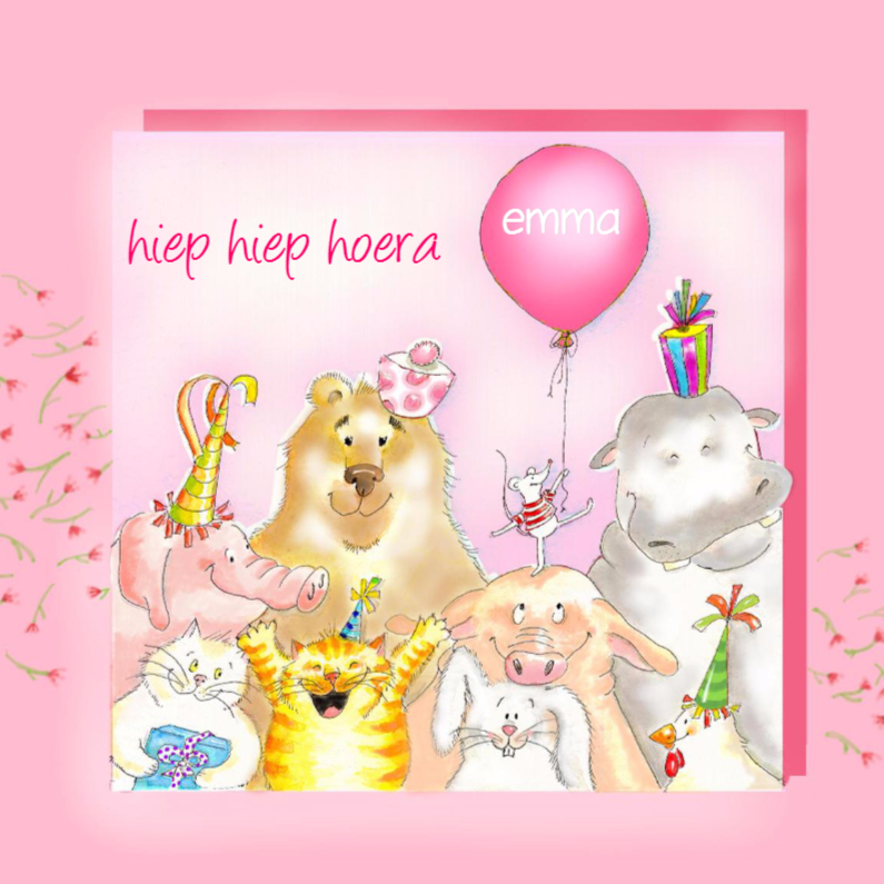 Roze verjaardag dieren kaart - Verjaardagskaarten Verjaardagskaarten - Roze verjaardag dieren kaart